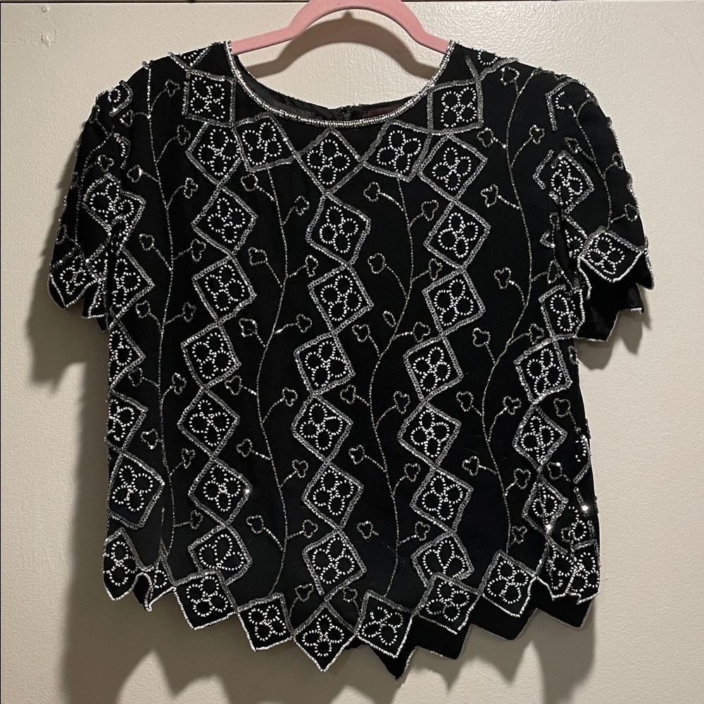 MARINA Bresler Black White Beaded Sequins Edge Floral  Sleeved Blouse